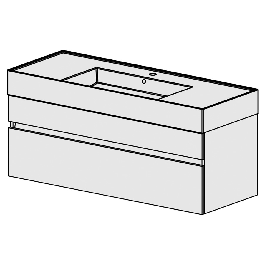 Meuble Quadra 121 cm
L: 121, H:51.5, P: 46 cm
table en céramique blanc,
avec 1 lavabo au milieu,avec 2
tiroirs, avec Blumotion,
et liste décor,
faces/côtés visibles sel. code
couleurs selon palette,
incl 1 sifon encombr. réduit