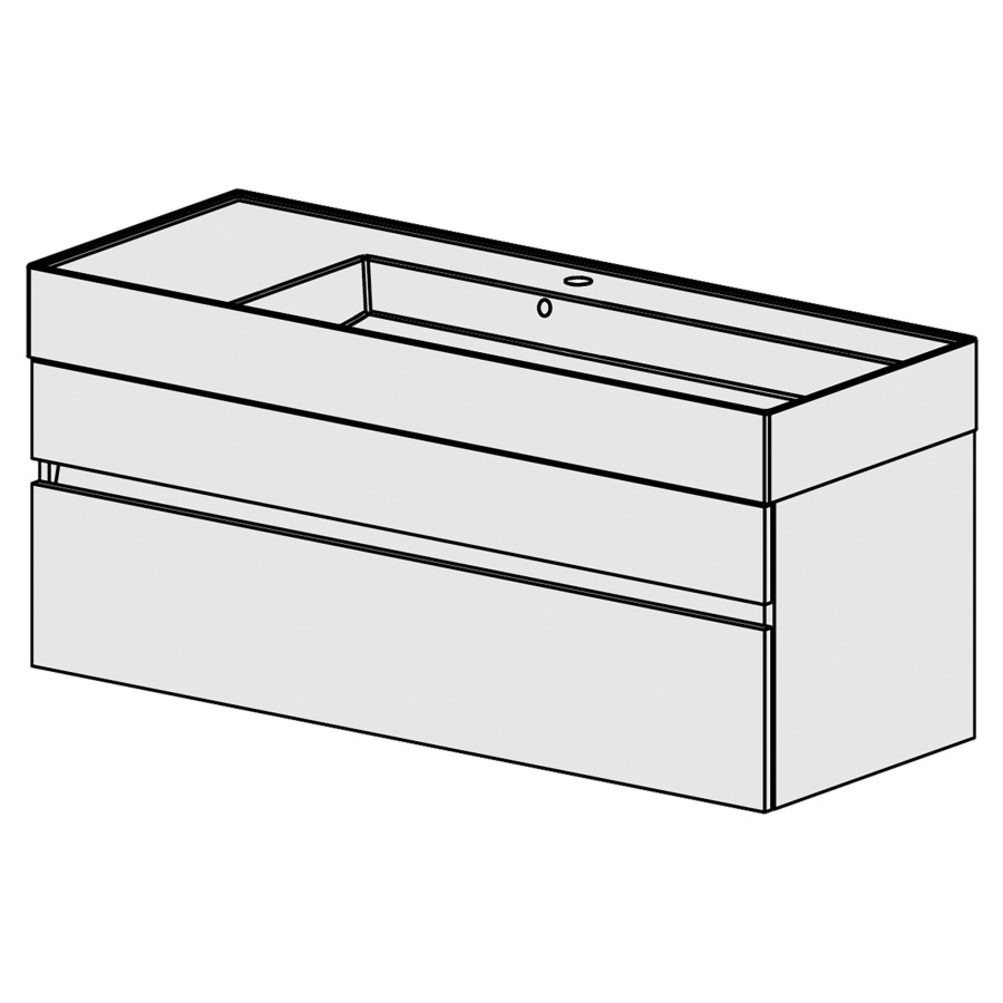 Meuble Quadra 121 cm
L: 121, H:51.5, P: 46 cm
table en céramique blanc,
avec 1 lavabo à droite,avec 2
tiroirs, avec Blumotion,
et liste décor,
faces/côtés visibles sel. code
couleurs selon palette,
incl 1 sifon encombr. réduit