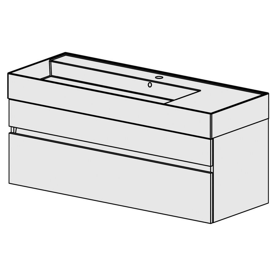 Meuble Quadra 121 cm
L: 121, H:51.5, P: 46 cm
table en céramique blanc,
avec 1 lavabo à gauche,avec 2
tiroirs, avec Blumotion,
et liste décor,
faces/côtés visibles sel. code
couleurs selon palette,
incl 1 sifon encombr. réduit