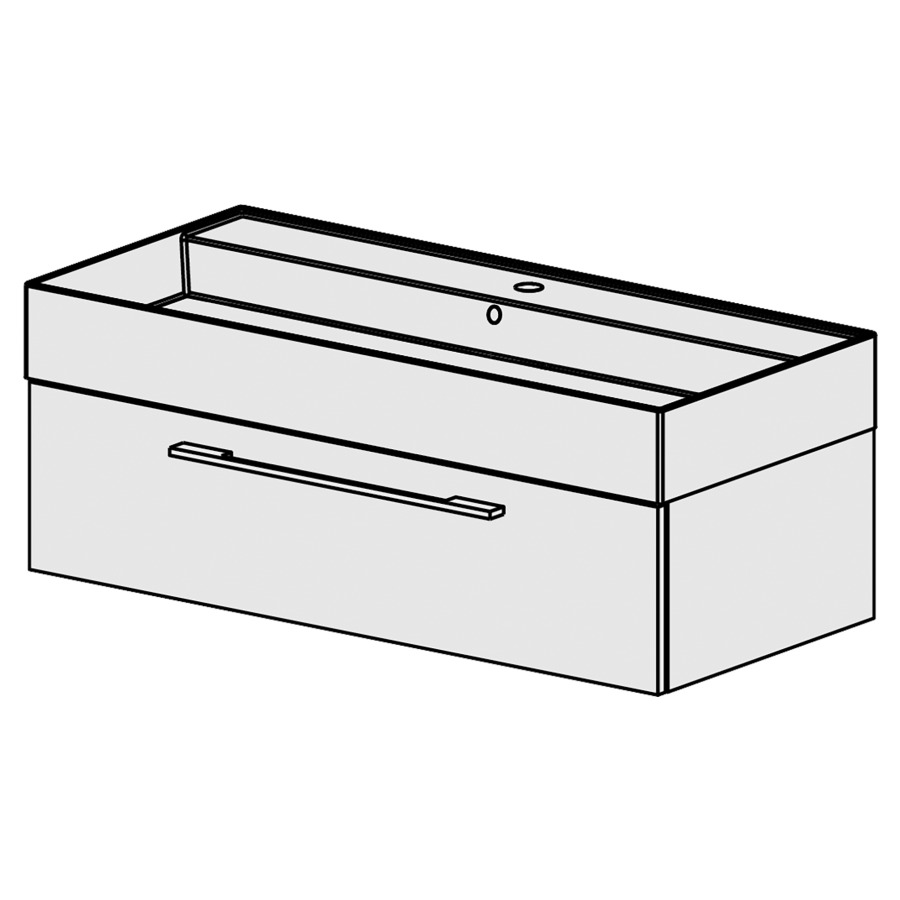 Meuble Quadra 101 cm
L: 101, H: 37.8, P: 46 cm
table en céramique blanc
avec 1 lavabo toute longeur,
avec 1 tiroir,poignées selon
palette, faces/côtés visibles
sel. code, couleurs selon
palette