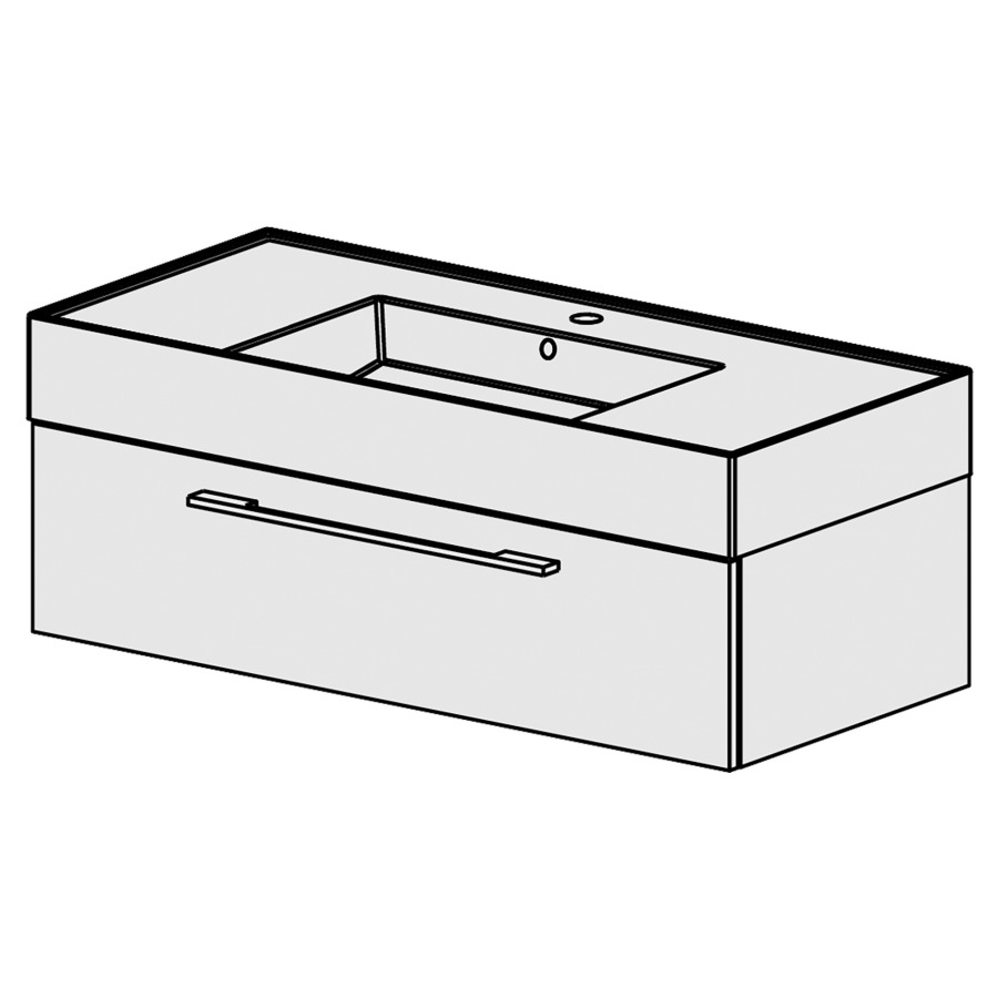 Meuble Quadra 101 cm
L: 101, H: 37.8, P: 46 cm
table en céramique blanc
avec 1 lavabo au milieu,
avec 1 tiroir,poignées selon
palette, faces/côtés visibles
sel. code, couleurs selon
palette
