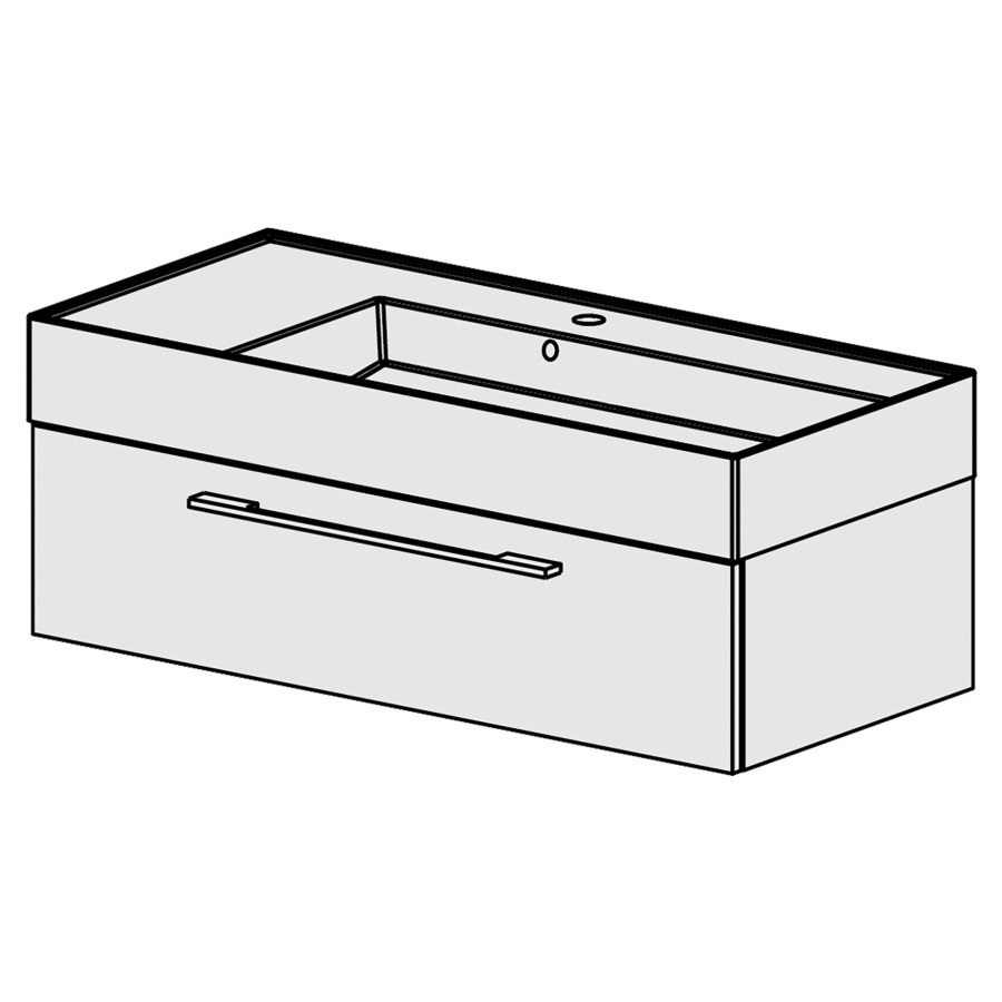 Meuble Quadra 101 cm
L: 101, H: 37.8, P: 46 cm
table en céramique blanc
avec 1 lavabo à droite,
avec 1 tiroir,poignées selon
palette, faces/côtés visibles
sel. code, couleurs selon
palette
