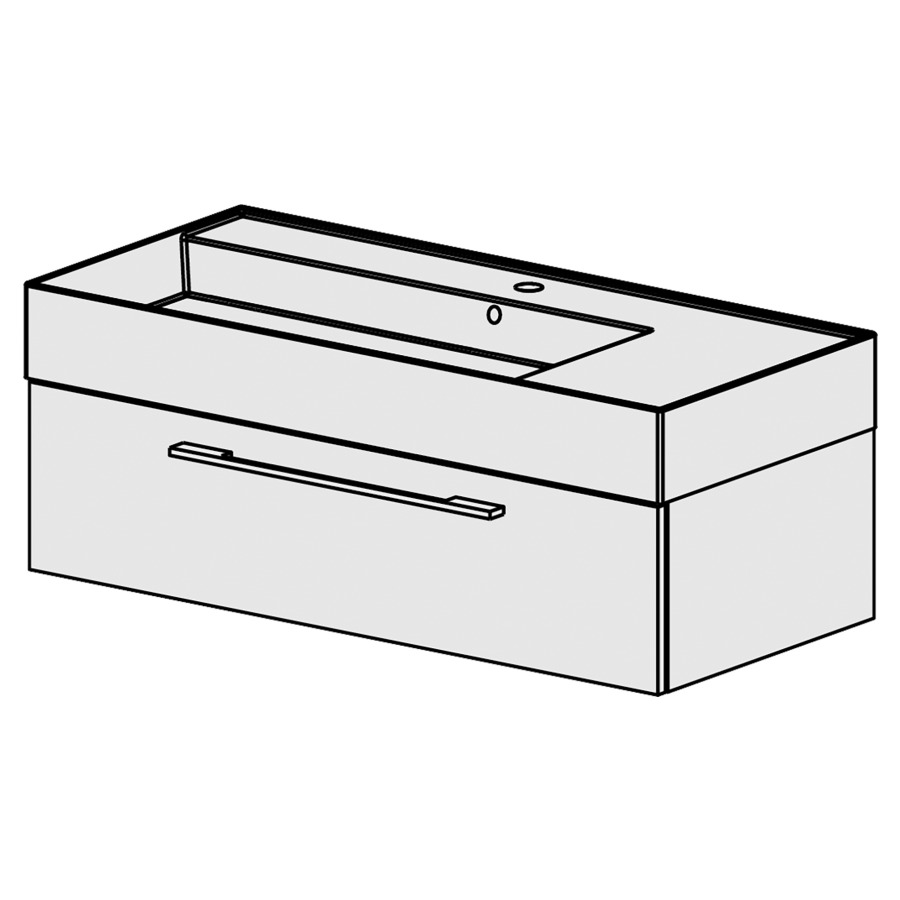 Meuble Quadra 101 cm
L: 101, H: 37.8, P: 46 cm
table en céramique blanc
avec 1 lavabo à gauche,
avec 1 tiroir,poignées selon
palette, faces/côtés visibles
sel. code, couleurs selon
palette