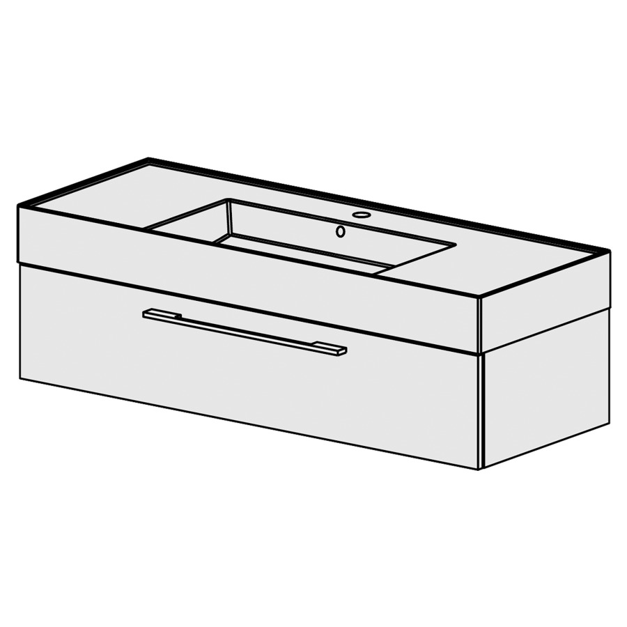 Meuble Quadra 121 cm
L: 121, H: 37.8, P: 46 cm
table en céramique blanc
avec 1 lavabo au milieu,
avec 1 tiroir,poignées selon
palette, faces/côtés visibles
sel. code, couleurs selon
palette