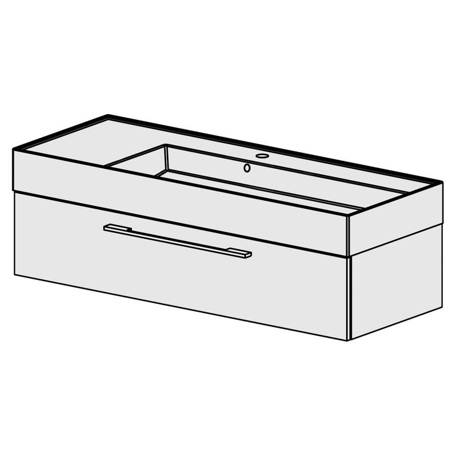 Meuble Quadra 121 cm
L: 121, H: 37.8, P: 46 cm
table en céramique blanc
avec 1 lavabo à droite,
avec 1 tiroir,poignées selon
palette, faces/côtés visibles
sel. code, couleurs selon
palette
