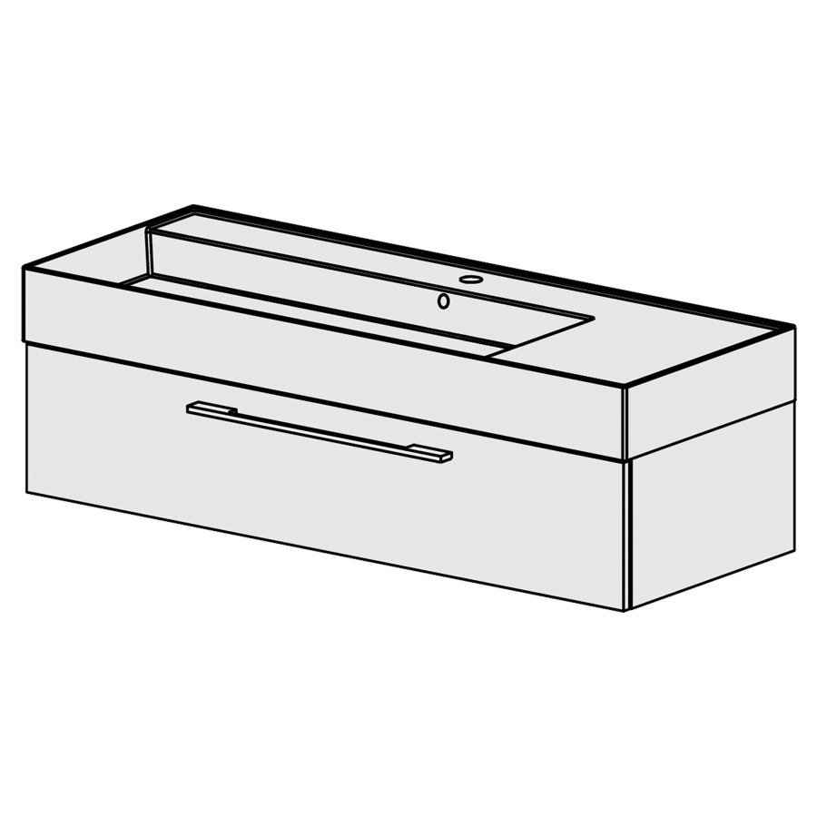 Meuble Quadra 121 cm
L: 121, H: 37.8, P: 46 cm
table en céramique blanc
avec 1 lavabo à gauche,
avec 1 tiroir,poignées selon
palette, faces/côtés visibles
sel. code, couleurs selon
palette