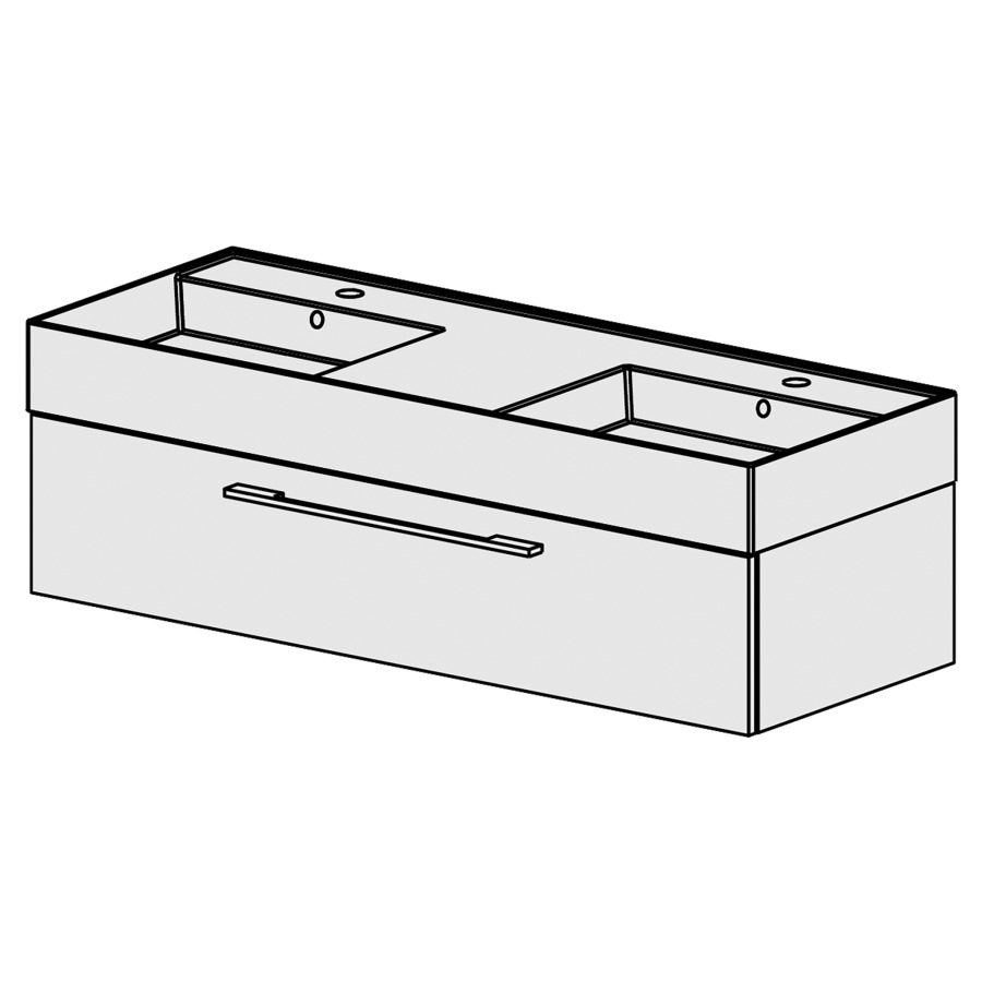 Meuble Quadra 121 cm
L: 121, H: 37.8, P: 46 cm
table en céramique blanc
avec deux lavabos,
avec 1 tiroir,poignées selon
palette, faces/côtés visibles
sel. code, couleurs selon
palette