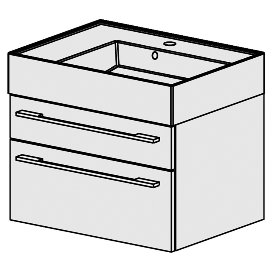 Meuble Quadra 61 cm
L: 61, H: 51.5, P: 46 cm
table en céramique blanc
avec 1 lavabo à droite, avec 2
tiroirs, poignées selon
palette faces/côtés visibles
sel. code, couleurs selon
palette