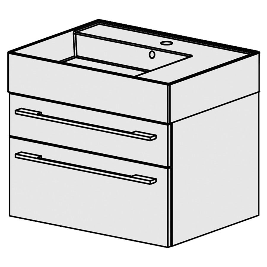 Meuble Quadra 61 cm
L: 61, H:  51.5, P: 46 cm
table en céramique blanc
avec 1 lavabo à gauche, avec 1
tiroir,poignées selon palette
faces/côtés visibles sel. code
couleurs selon palette