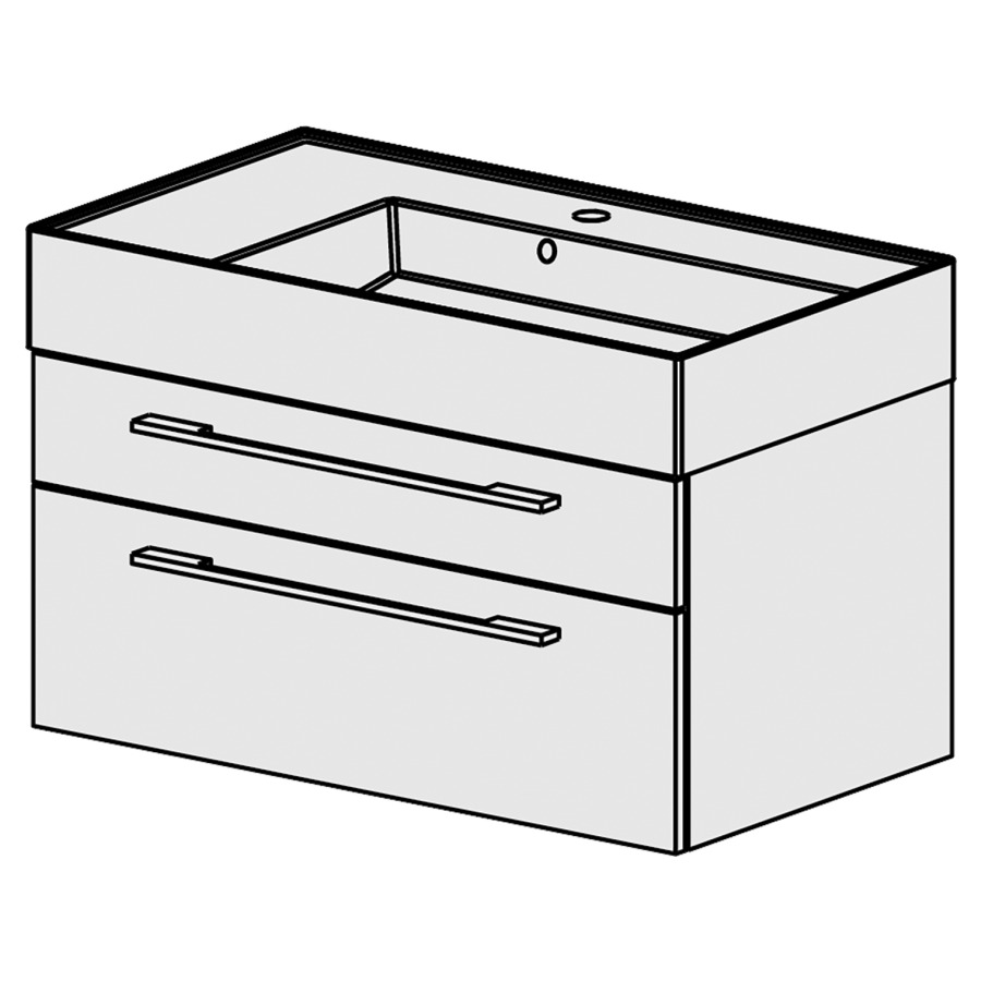 Meuble Quadra 81 cm
L: 81, H:  51.5, P: 46 cm
table en céramique blanc
avec 1 lavabo à droite, avec 2
tiroirs, poignées selon
palette, faces/côtés visibles
sel. code, couleurs selon
palette