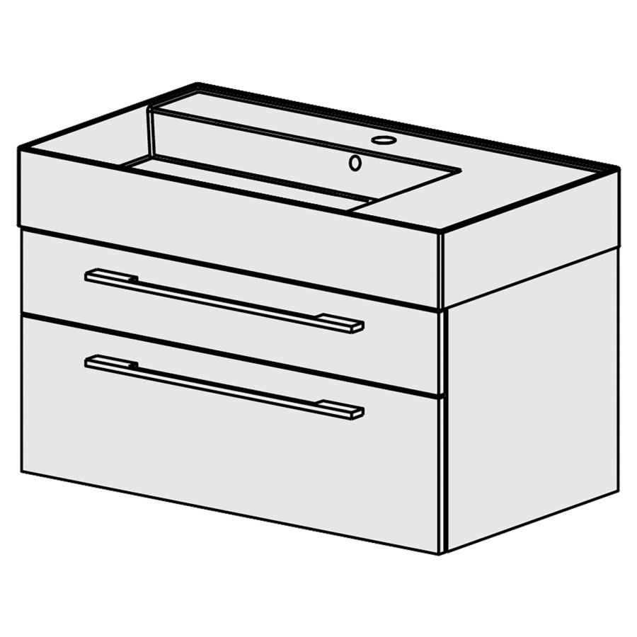 Meuble Quadra 81 cm
L: 81, H:  51.5, P: 46 cm
table en céramique blanc
avec 1 lavabo à gauche, avec 2
tiroirs, poignées selon
palette, faces/côtés visibles
sel. code, couleurs selon
palette