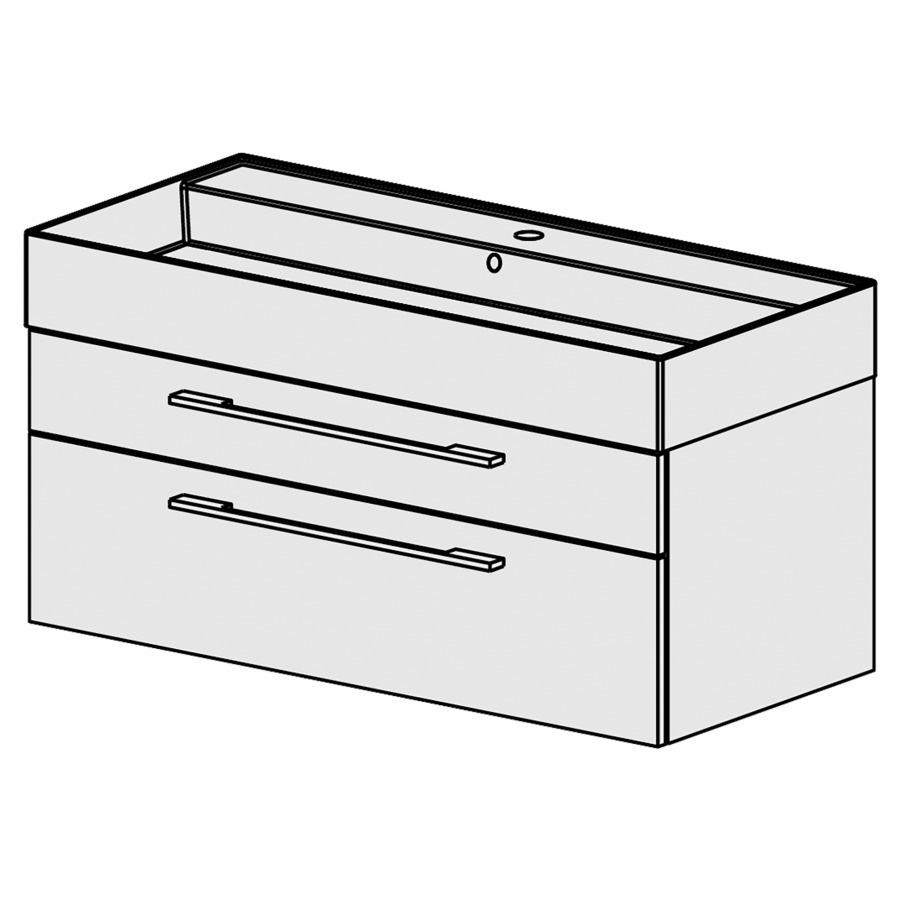 Meuble Quadra 101 cm
L: 101, H: 51.5, P: 46 cm
table en céramique blanc
avec 1 lavabo toute longeur,
avec 2 tiroirs, poignées selon
palette, faces/côtés visibles
sel. code, couleurs selon
palette