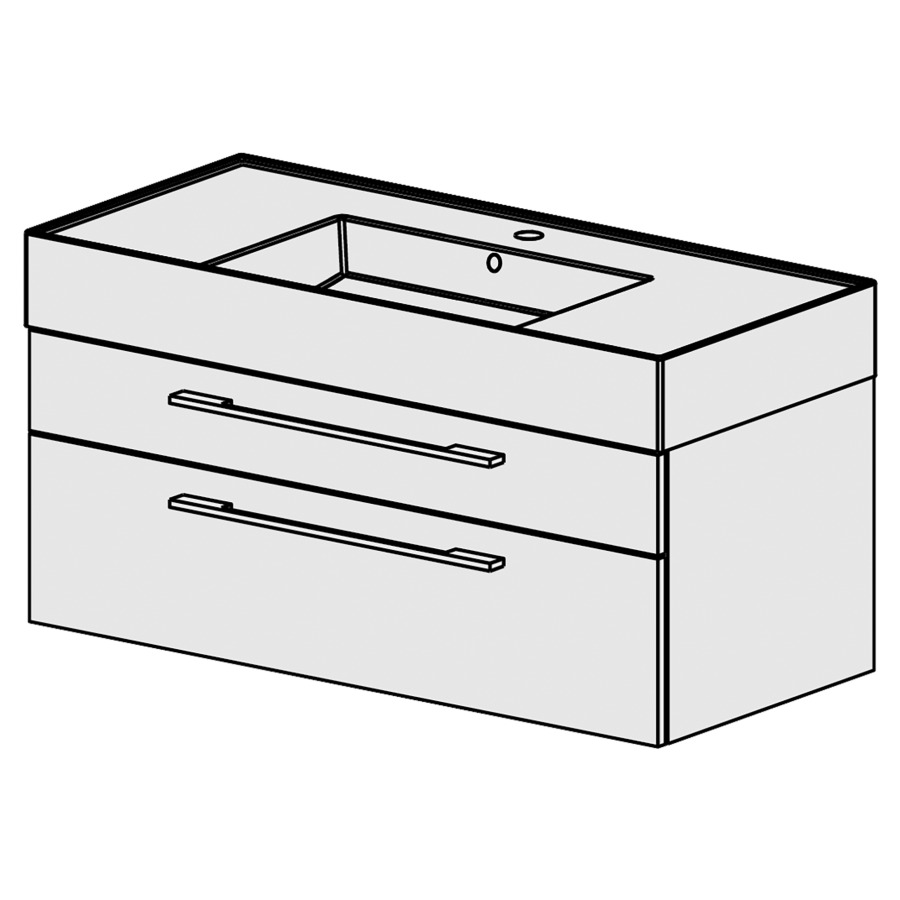 Meuble Quadra 101 cm
L: 101, H:  51.5, P: 46 cm
table en céramique blanc
avec 1 lavabo au milieu,
avec 2 tiroirs, poignées selon
palette, faces/côtés visibles
sel. code, couleurs selon
palette