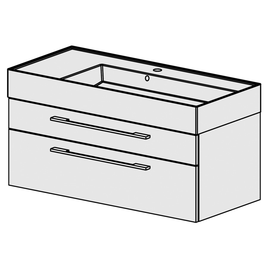 Meuble Quadra 101 cm
L: 101, H: 51.5, P: 46 cm
table en céramique blanc
avec 1 lavabo à droite,
avec 2 tiroirs, poignées selon
palette, faces/côtés visibles
sel. code, couleurs selon
palette
