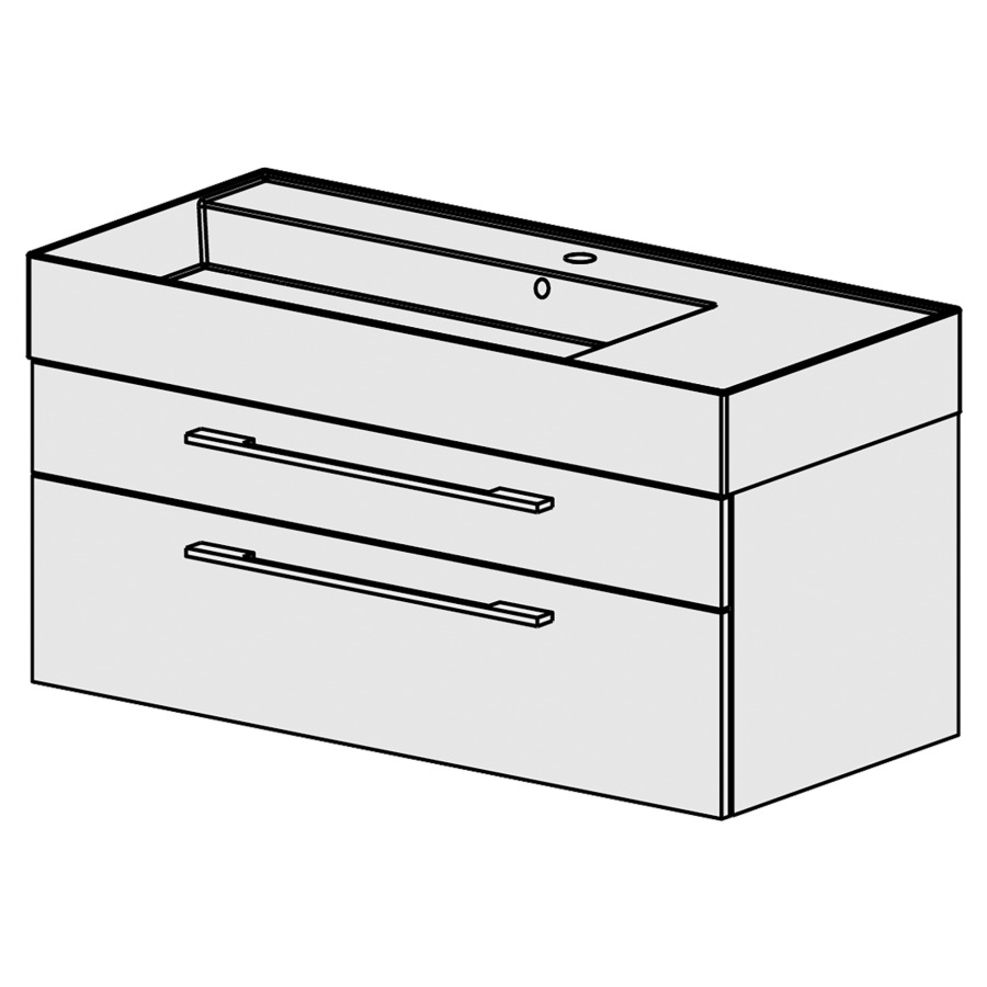 Meuble Quadra 101 cm
L: 101, H:51.5, P: 46 cm
table en céramique blanc
avec 1 lavabo à gauche,
avec 2 tiroirs,poignées selon
palette, faces/côtés visibles
sel. code, couleurs selon
palette