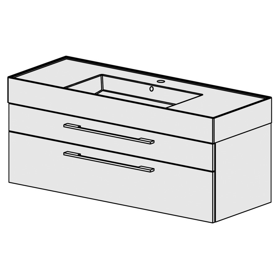 Meuble Quadra 121 cm
L: 121, H: 51.5, P: 46 cm
table en céramique blanc
avec 1 lavabo au milieu,
avec 2 tiroirs, poignées selon
palette, faces/côtés visibles
sel. code, couleurs selon
palette
