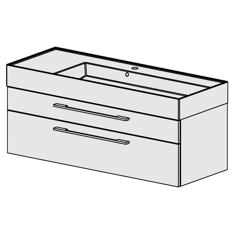 Meuble Quadra 121 cm
L: 121, H:  51.5, P: 46 cm
table en céramique blanc
avec 1 lavabo à droite,
avec 2 tiroirs,poignées selon
palette, faces/côtés visibles
sel. code, couleurs selon
palette