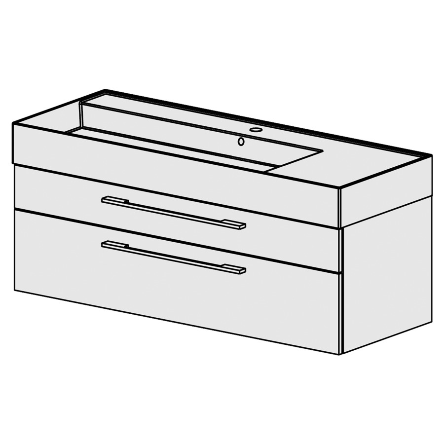 Meuble Quadra 121 cm
L: 121, H: 51.5, P: 46 cm
table en céramique blanc
avec 1 lavabo à gauche,
avec 2 tiroirs, poignées selon
palette, faces/côtés visibles
sel. code, couleurs selon
palette