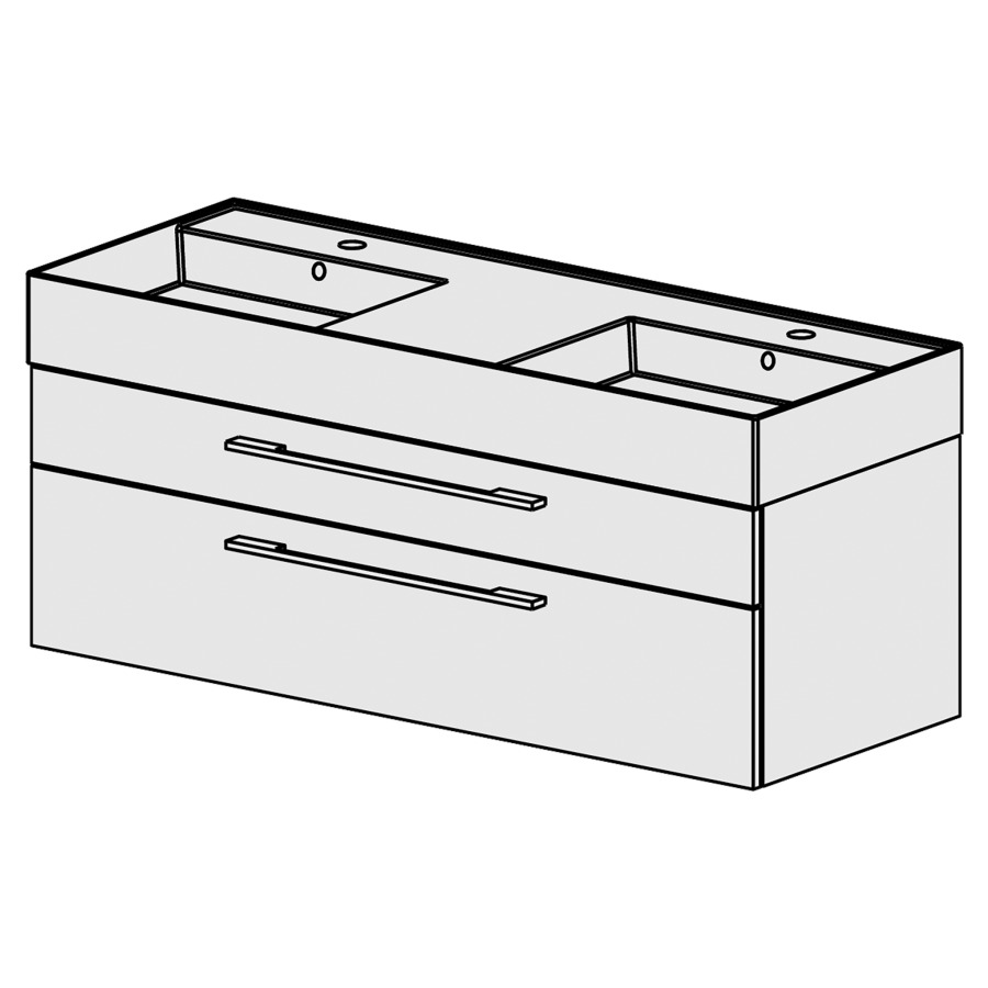 Meuble Quadra 121 cm
L: 121, H: 51.5, P: 46 cm
table en céramique blanc
avec deux lavabos,
avec 2 tiroirs,poignées selon
palette, faces/côtés visibles
sel. code, couleurs selon
palette