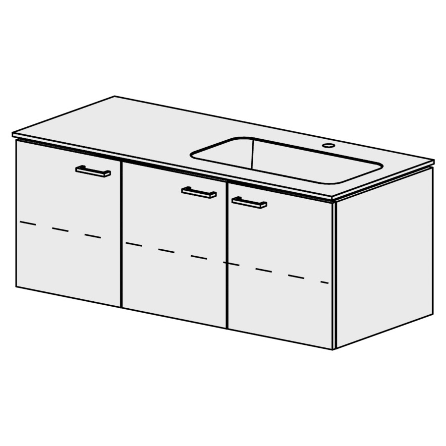 Meuble Stilo Mineral 121 cm
L:121, H:47,2, P:50,7 cm
table en marbre artificiel
blanc mat, 1 lavabo à droite
1 armoire à 1 porte
1 armoire à 2 portes
portes avec Blumotion
2 rayons réglables
poignées selon palette
faces/côtés visibles sel. code
couleurs selon palette