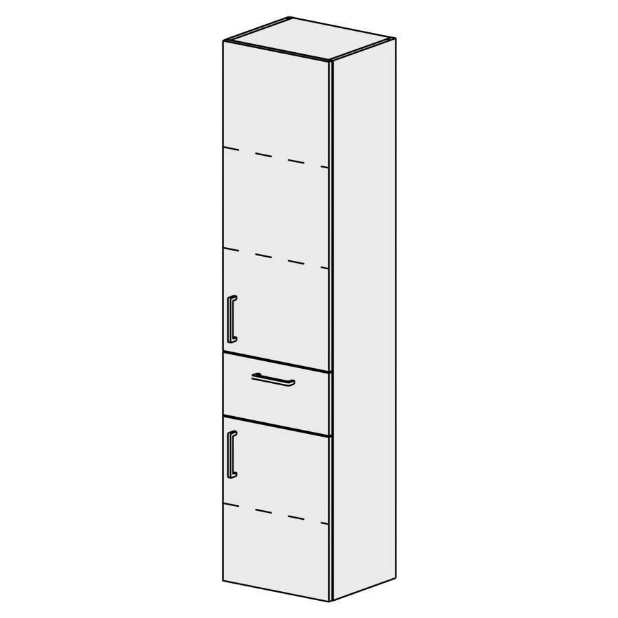 Armoire haute Sélection 40 cm
L: 40, H: 168, P: 33,2 cm
2 portes, charnières à gauche
1 tiroir au milieu
3 rayons réglables
portes/tiroir avec Blumotion
poignées selon palette
faces/côtés visibles sel. code
couleurs selon palette