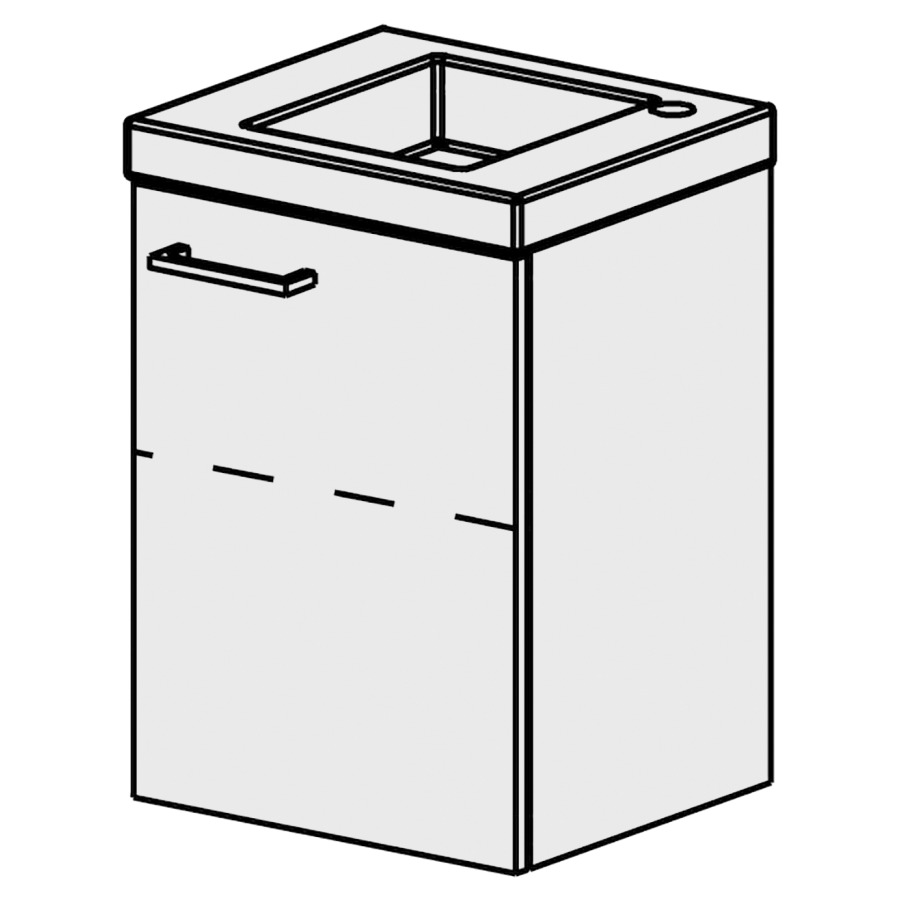 Meuble Bravo 40 cm
L: 40, H: 56.6  P: 34,5 cm
table céramique en blanc mat
avec 1 lavabo,
1 trou pour batterie à droite
1 armoire à 1 porte, charn. à
droite, 1 rayon réglable
portes avec Blumotion
Poignées selon palette
face /côtés visibles sel. code
couleurs selon palette