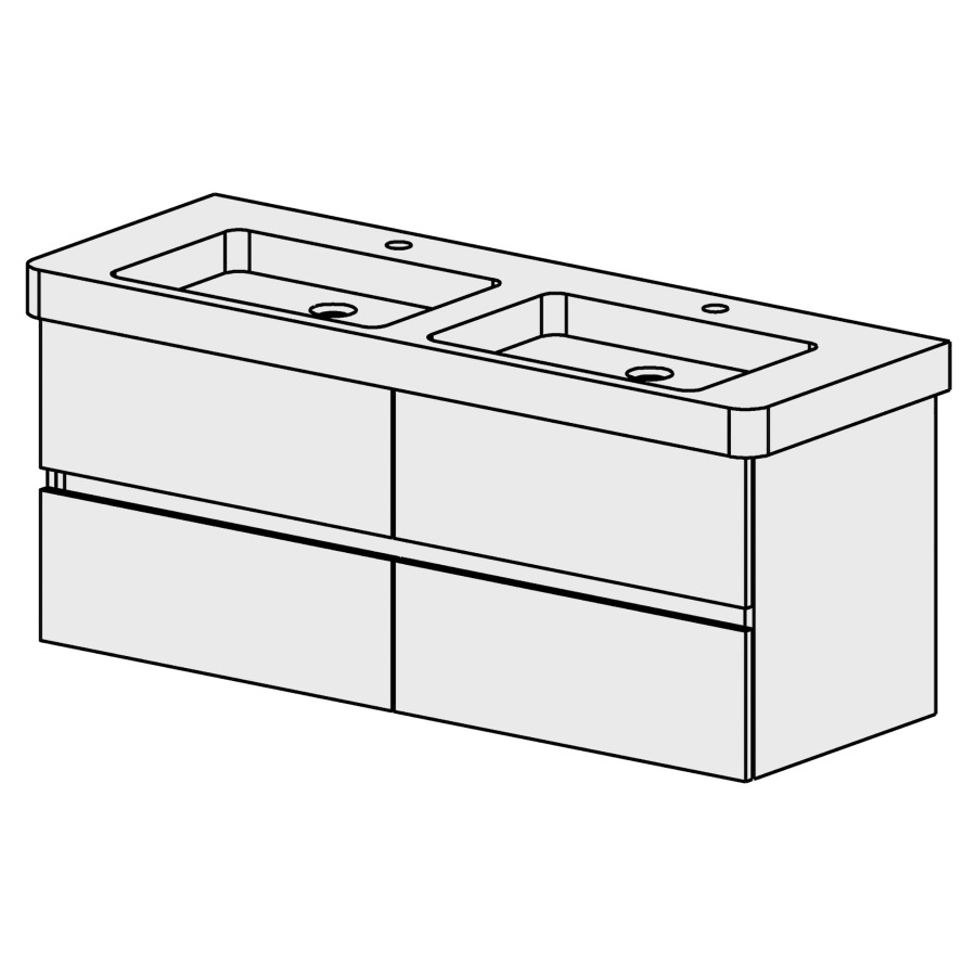 Meuble Subway 2-Maxi 130 cm
L: 125, H: 49, P: 44,8 cm
pour 2 lavabos
2 blocs à 2 tiroirs
tiroirs avec Blumotion
avec liste décor
faces/côtés visibles sel. code
couleurs selon palette
pour siphon à encombrement
réduit & joint caoutchouc 32mm