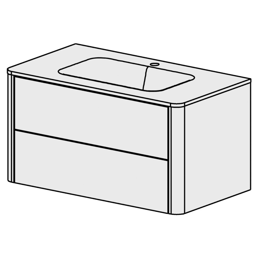 Meuble Soft 90,5 cm
L: 90,5  H: 46 P: 50 cm
table en marbre artificiel
blanc brillant, avec 1 lavabo
au milieu, 2 tiroirs,
tiroirs avec Blumotion
sans poignée, avec tip-on
faces/côtés visibles sel. code
couleurs selon palette
inclus siphon à encombrement
réduit & joint caoutchouc 32mm
pas possible avec système-Clou