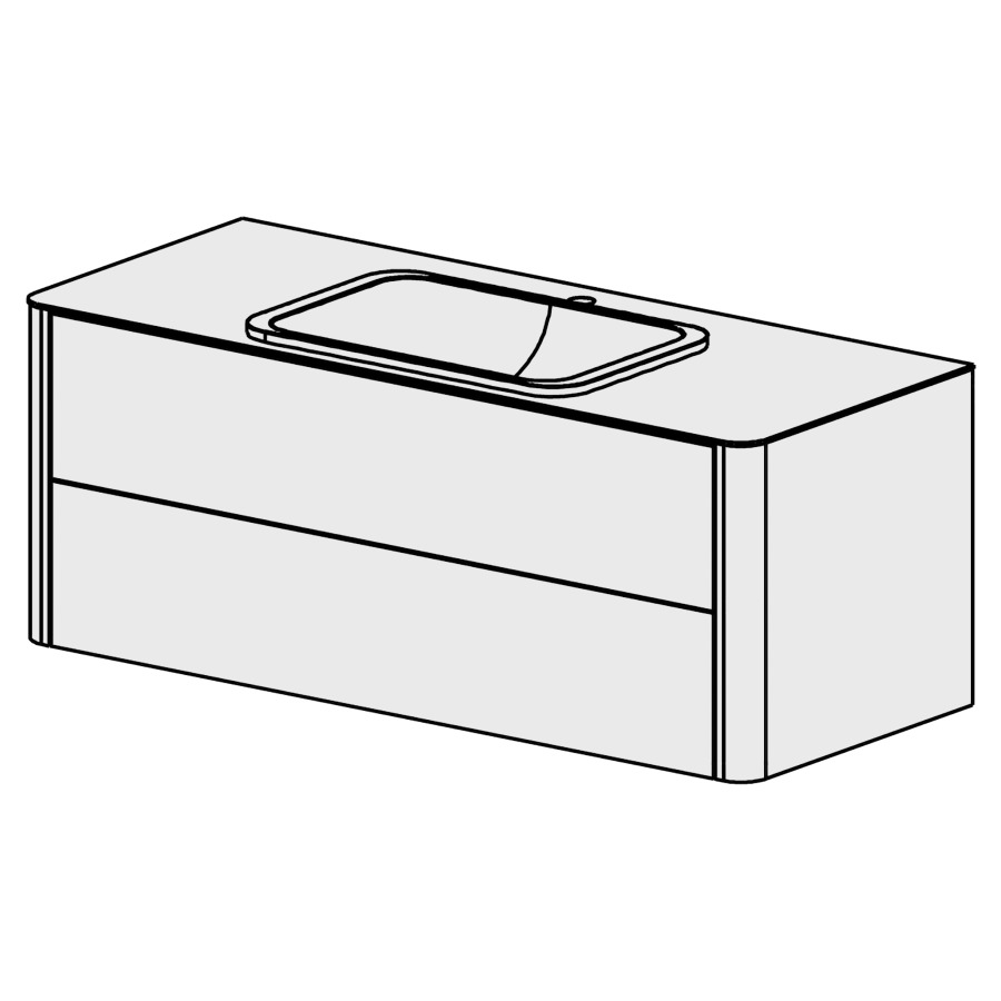 Meuble Soft 120,5 cm
L: 120,5  H: 46,5 P: 50 cm
table en Compact
pour 1 lavabo semi-encastré
au milieu, 2 tiroirs,
tiroirs avec Blumotion
sans poignée, avec tip-on
faces/côtés visibles sel. code
couleurs selon palette
inclus siphon à encombrement
réduit & joint caoutchouc 32mm
pas possible avec système-Clou