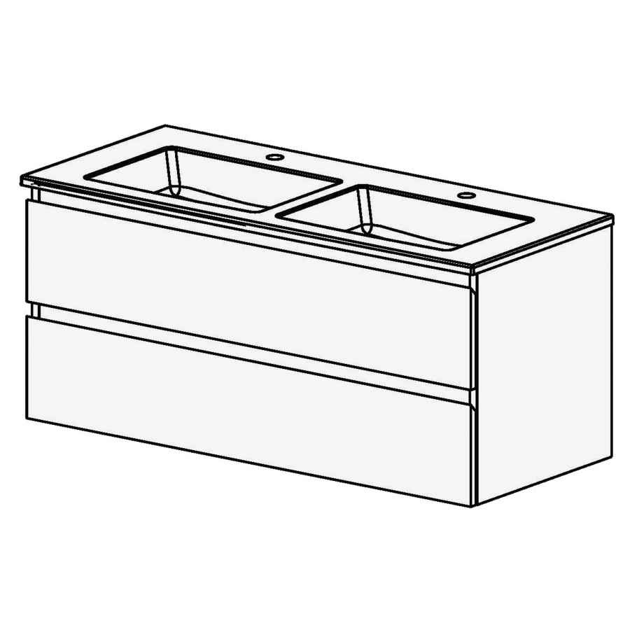 Meuble Aqua Ceram Cube 121 cm
L: 121 / H: 54,2 / P: 51,5 cm
table en céramique blanc
avec trop-plein
pour 2 lavabos au milieu
2 tiroirs
Avec liste décor (en haut + au
milieu)
Faces et côtés visibles selon
code