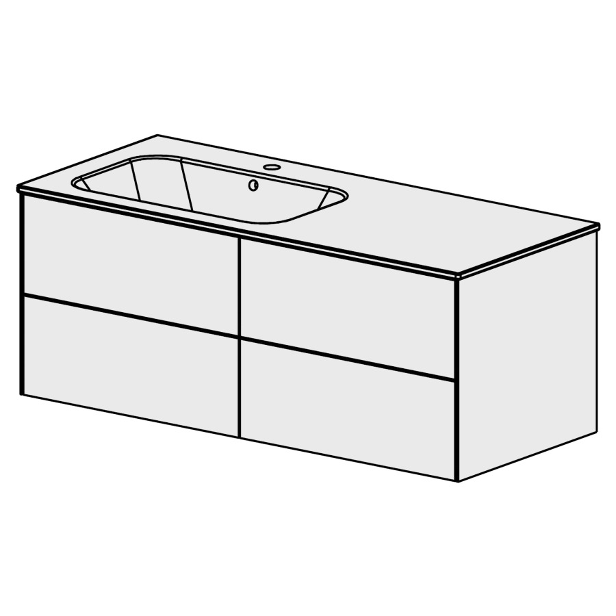 Meuble PURA CERAM 121 cm
L: 119,6, H: 49,5, P: 51,5 cm
avec table en céramique
avec 1 lavabo à gauche
4 tiroirs
tiroirs avec Blumotion
avec Tip-on
faces selon code
côtés visibles FB
couleurs selon palette
inclus siphon à encombrement
réduit & joint caoutchouc 32mm