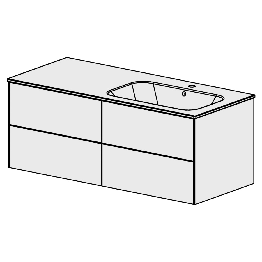 Meuble PURA CERAM 121 cm
L: 119,6, H: 49,5, P: 51,5 cm
avec table en céramique
avec 1 lavabo à droite
4 tiroirs
tiroirs avec Blumotion
avec Tip-on
faces selon code
côtés visibles FB
couleurs selon palette
inclus siphon à encombrement
réduit & joint caoutchouc 32mm