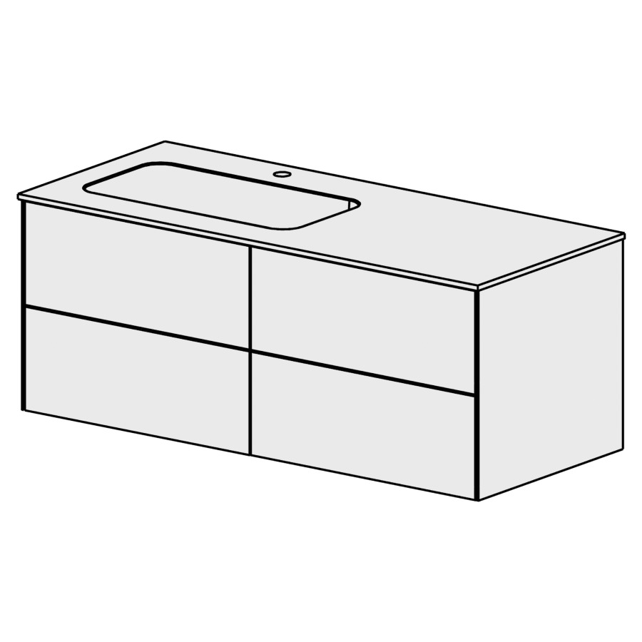 Meuble PURA MINERAL 121 cm
L: 119,6, H: 48, P: 50,7 cm
avec table marbre artificiel
en blanc mat, 1 lavabo à
gauche, 4 tiroirs,
tiroirs avec Blumotion
avec Tip-on
faces selon code
côtés visibles FB
couleurs selon palette
inclus siphon à encombrement
réduit & joint caoutchouc 32mm
sans trop-plein
