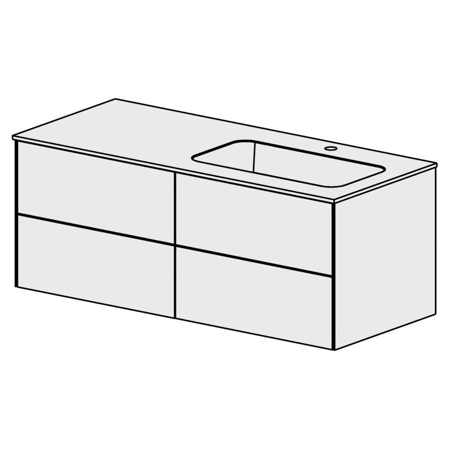 Meuble PURA MINERAL 121 cm
L: 119,6, H: 48, P: 50,7 cm
avec table marbre artificiel
en blanc mat, 1 lavabo à
droite, 4 tiroirs,
tiroirs avec Blumotion
avec Tip-on
faces selon code
côtés visibles FB
couleurs selon palette
inclus siphon à encombrement
réduit & joint caoutchouc 32mm
sans trop-plein