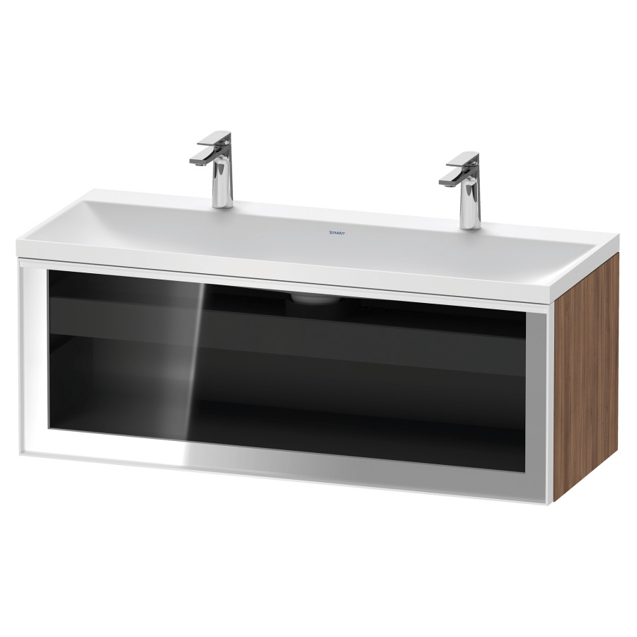 Combinaison de meuble VITRIUM
120 x 48.1 x 47.9 cm
élément de tiroir, 1&nbsp;tiroir
1&nbsp;tiroir intérieur, avec fonte minérale 
lavabo DuroCast, sans trop-plein
2 trous de robinetterie
avec siphon gain de place et vidage 
front verre parsol gris
avec éclairage intérieur
l'éclairage intérieur ne peut être commandé 
que par le miroir/l'armoire de toilette
dans la version "commande par
capteur de l'éclairage intérieur"