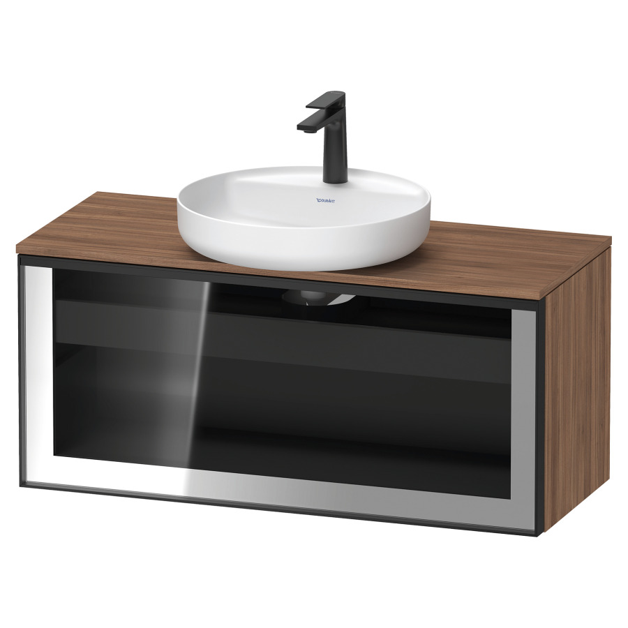 Élément inférieur  VITRIUM
100 x 45.9 x 42 cm
élément de tiroir, 1&nbsp;tiroir
1&nbsp;tiroir intérieur, avec plaque de console
pour 1 lavabo à poser, perçage de robinet 
possible, sans siphon gain de place
front verre parsol gris, avec éclairage intérieur
l'éclairage intérieur ne peut être commandé 
que par le miroir/l'armoire de toilette
dans la version "commande par
capteur de l'éclairage intérieur"