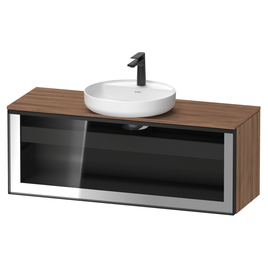 Élément inférieur  VITRIUM
120 x 45.9 x 42 cm
élément de tiroir, 1&nbsp;tiroir
1&nbsp;tiroir intérieur, avec plaque de console
pour 1 lavabo à poser, perçage de robinet 
possible, sans siphon gain de place
front verre parsol gris, avec éclairage intérieur
l'éclairage intérieur ne peut être commandé 
que par le miroir/l'armoire de toilette
dans la version "commande par
capteur de l'éclairage intérieur"