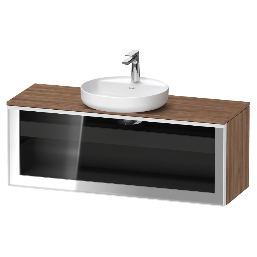 Élément inférieur  VITRIUM
120 x 45.9 x 42 cm
élément de tiroir, 1&nbsp;tiroir
1&nbsp;tiroir intérieur, avec plaque de console
pour 1 lavabo à poser, perçage de robinet 
possible, sans siphon gain de place
front verre parsol gris, avec éclairage intérieur
l'éclairage intérieur ne peut être commandé 
que par le miroir/l'armoire de toilette
dans la version "commande par
capteur de l'éclairage intérieur"