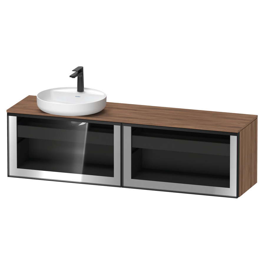 Élément inférieur  VITRIUM
160 x 45.9 x 42 cm
élément de tiroir, 1&nbsp;tiroir
1&nbsp;tiroir intérieur, avec plaque de console
pour 1 lavabo à poser à gauche
perçage de robinet possible
sans siphon gain de place
front verre parsol gris, avec éclairage intérieur
l'éclairage intérieur ne peut être commandé 
que par le miroir/l'armoire de toilette
dans la version "commande par
capteur de l'éclairage intérieur"