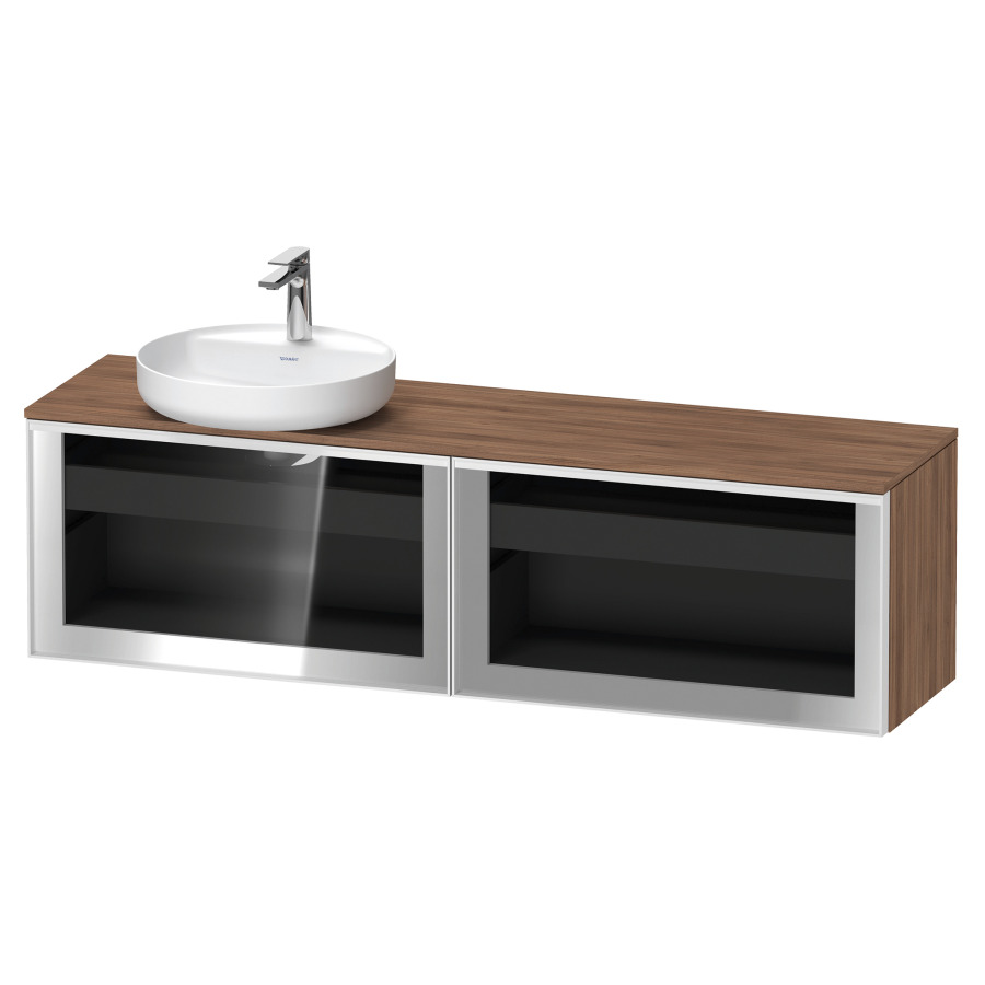 Élément inférieur  VITRIUM
160 x 45.9 x 42 cm
élément de tiroir, 1&nbsp;tiroir
1&nbsp;tiroir intérieur, avec plaque de console
pour 1 lavabo à poser à gauche
perçage de robinet possible
sans siphon gain de place
front verre parsol gris, avec éclairage intérieur
l'éclairage intérieur ne peut être commandé 
que par le miroir/l'armoire de toilette
dans la version "commande par
capteur de l'éclairage intérieur"