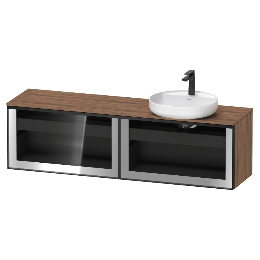 Élément inférieur  VITRIUM
160 x 45.9 x 42 cm
élément de tiroir, 1&nbsp;tiroir
1&nbsp;tiroir intérieur, avec plaque de console
pour 1 lavabo à poser à droite, perçage 
de robinet possible, sans siphon gain de place
front verre parsol gris