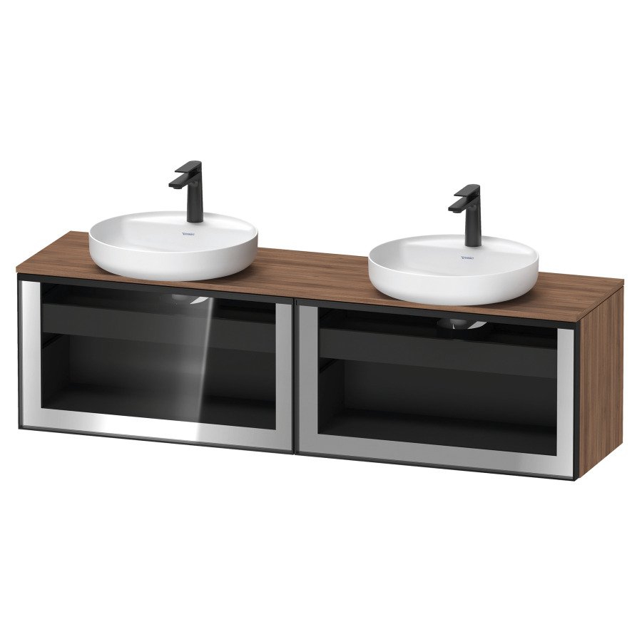 Élément inférieur  VITRIUM
160 x 45.9 x 42 cm
élément de tiroir, 1&nbsp;tiroir
1&nbsp;tiroir intérieur, avec plaque de console
pour 2 lavabos à poser
perçage de robinet possible
sans siphon gain de place
front verre parsol gris, avec éclairage intérieur
l'éclairage intérieur ne peut être commandé 
que par le miroir/l'armoire de toilette
dans la version "commande par
capteur de l'éclairage intérieur"