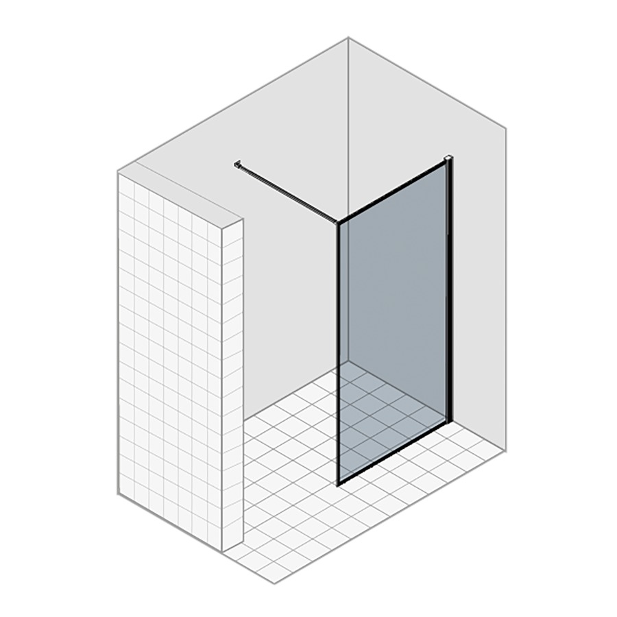 Cloison latérale LIBERO 3000
89-91.5 cm, H 200 cm
pose libre, avec cadre partiel
charnières à droite
verre de sécurité 8 mm