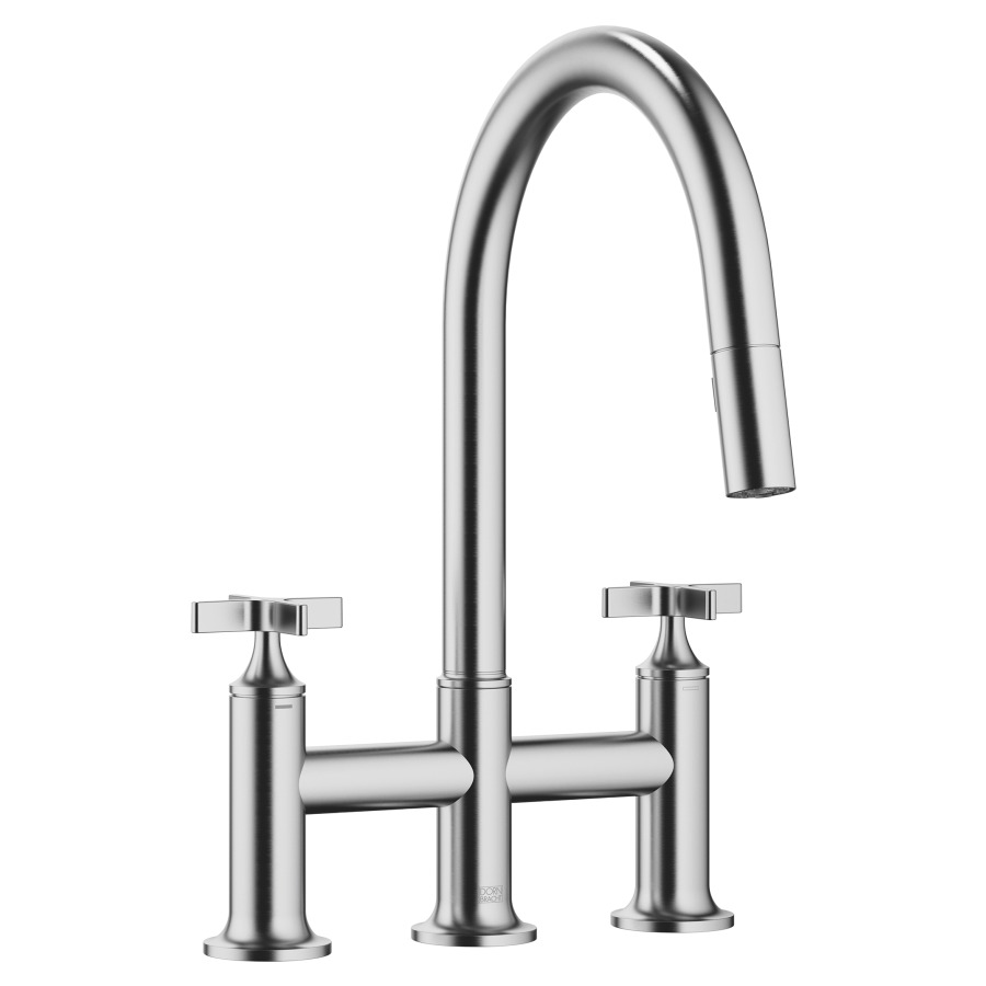 Batterie d'évier à 3 trous VAIA
saillie 240 mm
goulot orientable douche extensible 360°
H jusqu'à aérateur 203 mm
débit 8 (L/min)
poignées à croix