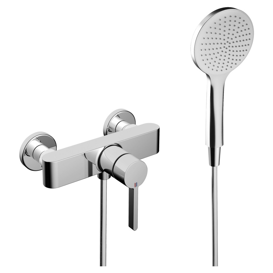Duschenmischer BEVO 
AD 153 mm, Abstellverschraubungen 1/2" x 1/2"
EfficientFlow, Durchflussmenge 5.6 (L/min)
mit Brause KWC FIT-E EfficientFlow
und Brauseschlauch 160 cm
Geräuschgruppe I
Energieklasse A