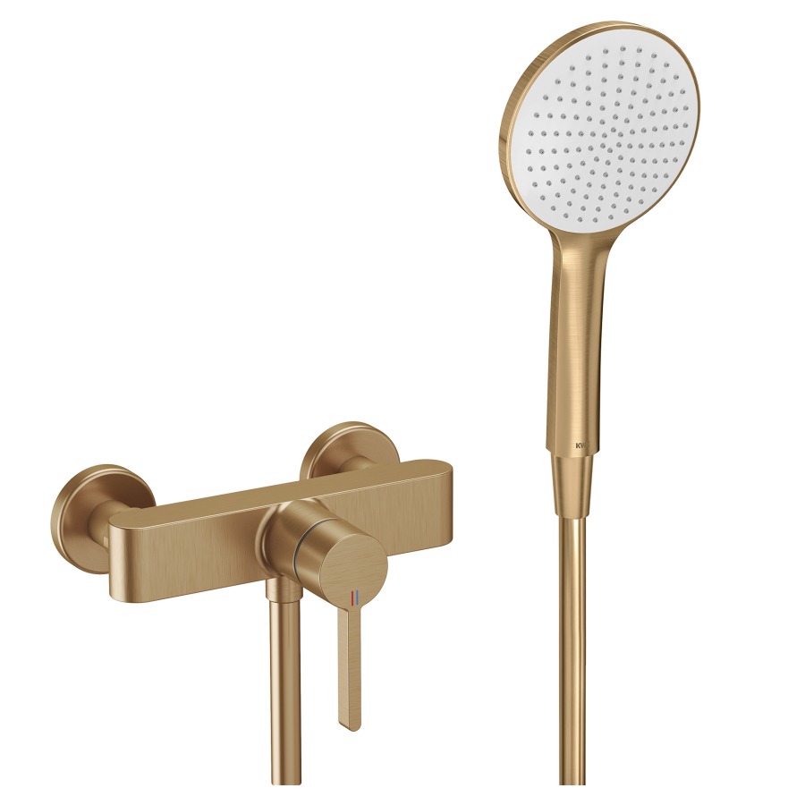 Duschenmischer BEVO 
AD 153 mm, Abstellverschraubungen 1/2" x 1/2"
EfficientFlow, Durchflussmenge 5.6 (L/min)
mit Brause KWC FIT-E EfficientFlow
und Brauseschlauch 160 cm
Geräuschgruppe I
Energieklasse A