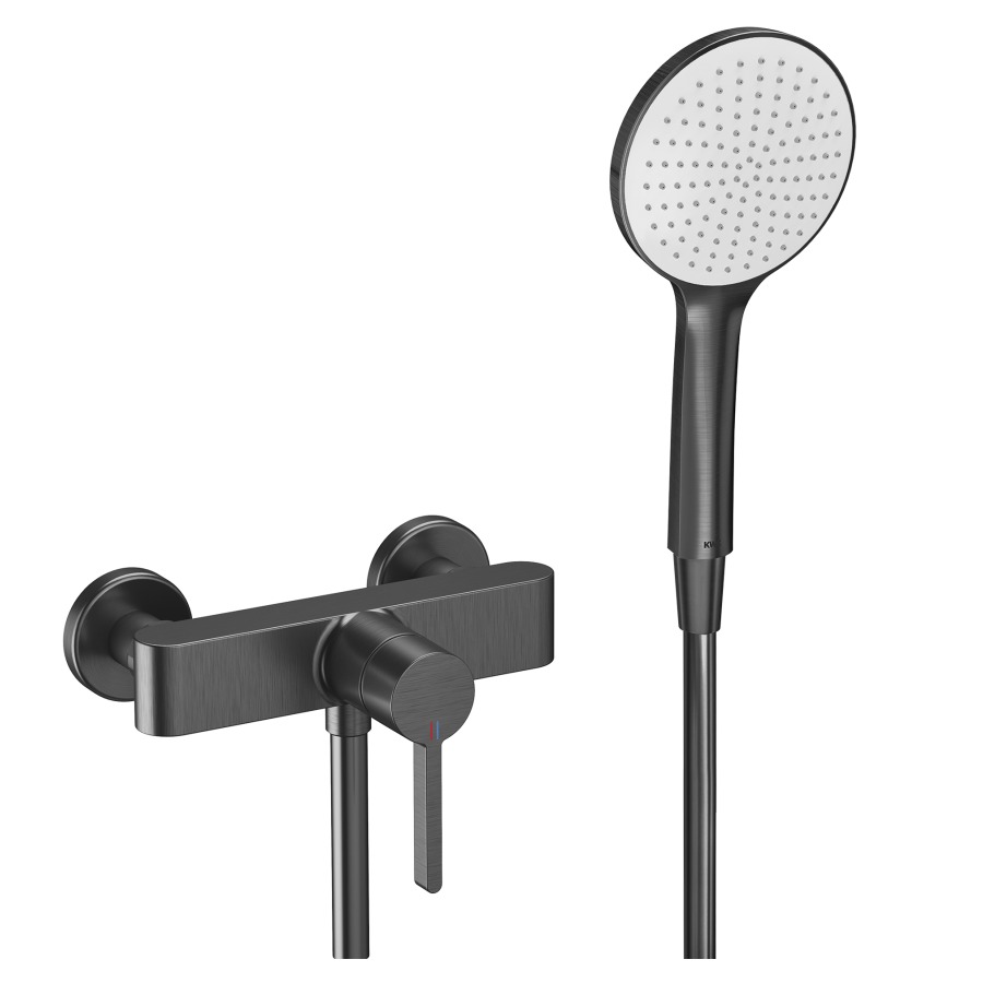 Duschenmischer BEVO 
AD 153 mm, Abstellverschraubungen 1/2" x 1/2"
EfficientFlow, Durchflussmenge 5.6 (L/min)
mit Brause KWC FIT-E EfficientFlow
und Brauseschlauch 160 cm
Geräuschgruppe I
Energieklasse A