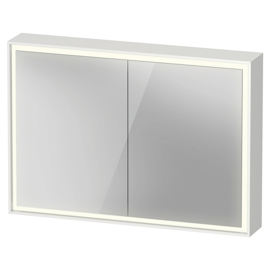 Armoire de toilette L-CUBE
100 x 70 x 15.5 cm
1&nbsp;prise, 2&nbsp;portes à double miroir
2 étagères en verre, éclairage LED direct
entourante, dimmable, 3500 Kelvin, 46 Watt
interrupteur à capteur en bas à droite, IP44