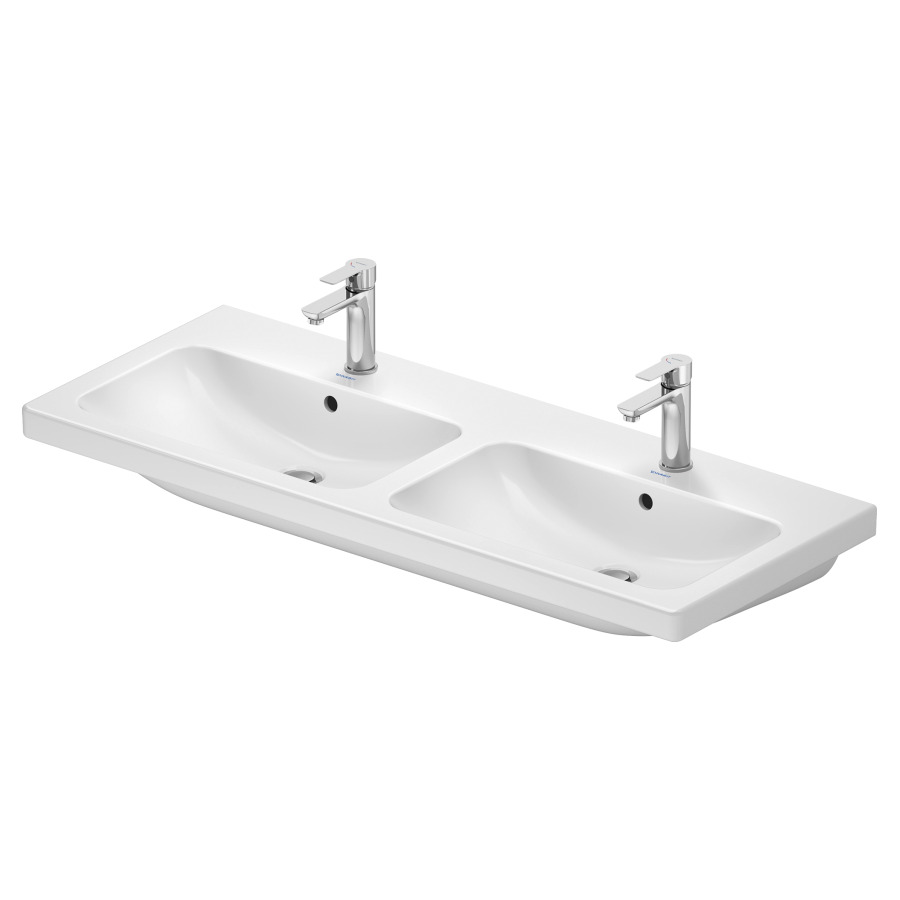 Lavabo double D-CODE
120 x 16.5 x 48 cm
Céramique, partie inférieure émaillée
montage mural
avec trop-plein