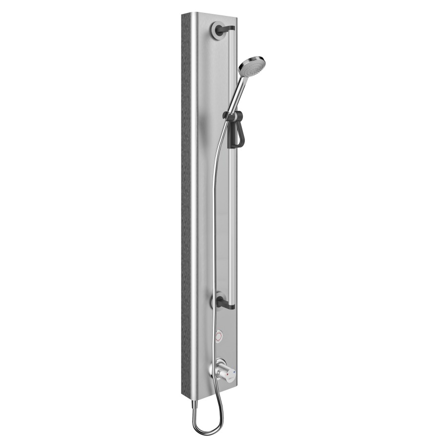 Douchepaneel CONGENIAL
sans tablette, montage mural, H 140 cm
pour garniture douchette manuelle
mitigeur thermostatique avec
bouton piézo, avec rinçage hygiénique
raccordement d'eau chaude et froide 
service APP compatible, débit 9 (L/min)
alimentation à pile 6 V, IP68